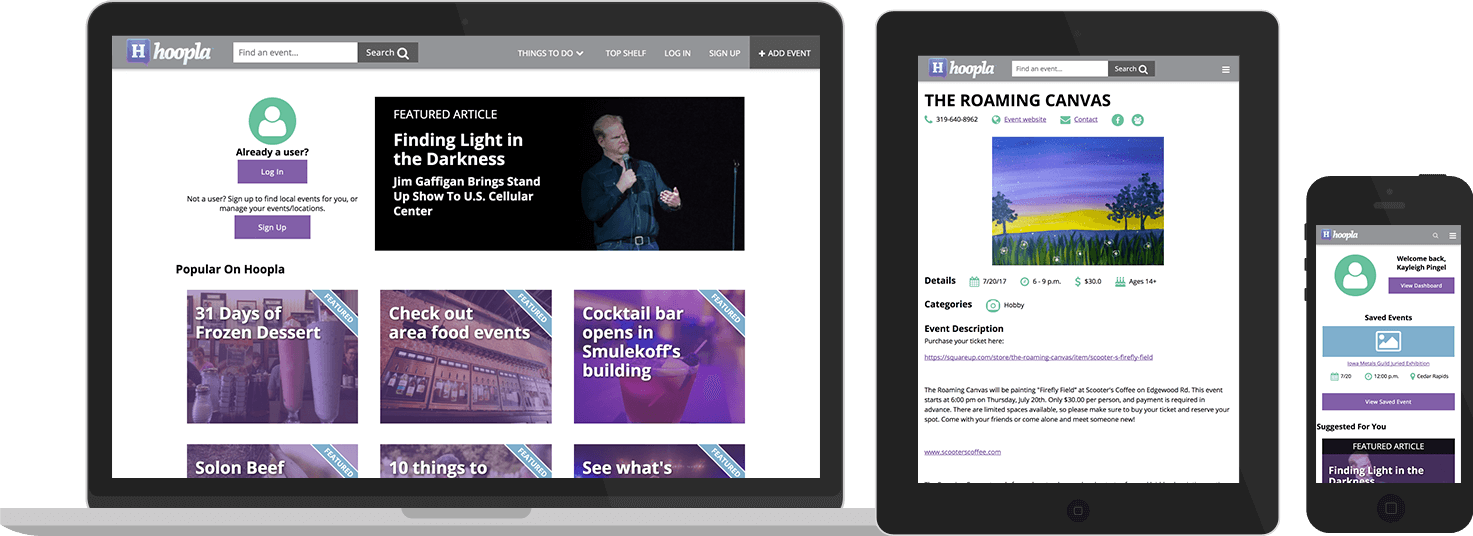 Sample views of the HooplaNow Homepage