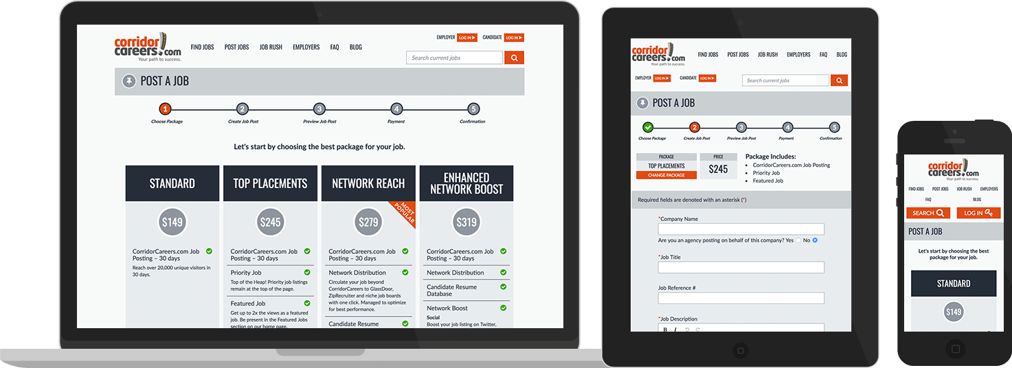 Sample views of the CorridorCareers Self Serve Page